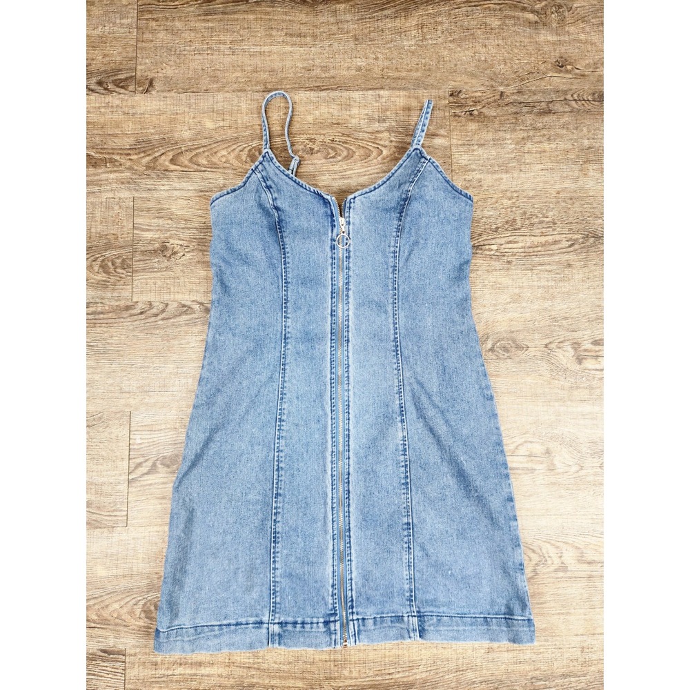 Hem and Thread Womens Light Wash Denim Zip Front Mini Dress Blue Small